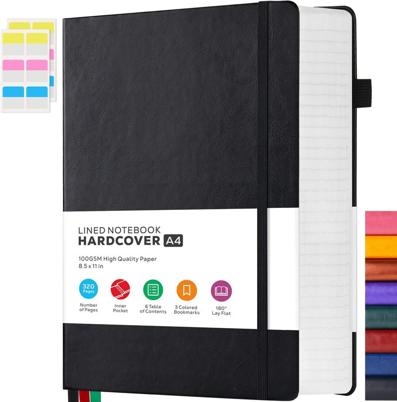 FOCUS DAY Notebooks College Ruled, A4 (8.5 x 11) Large Notebook Journal with 100GSM Lined Paper, Hardcover Leather Journaling Notebooks for Women & Men, 320 Pages, Big Black Notebook - Image 1